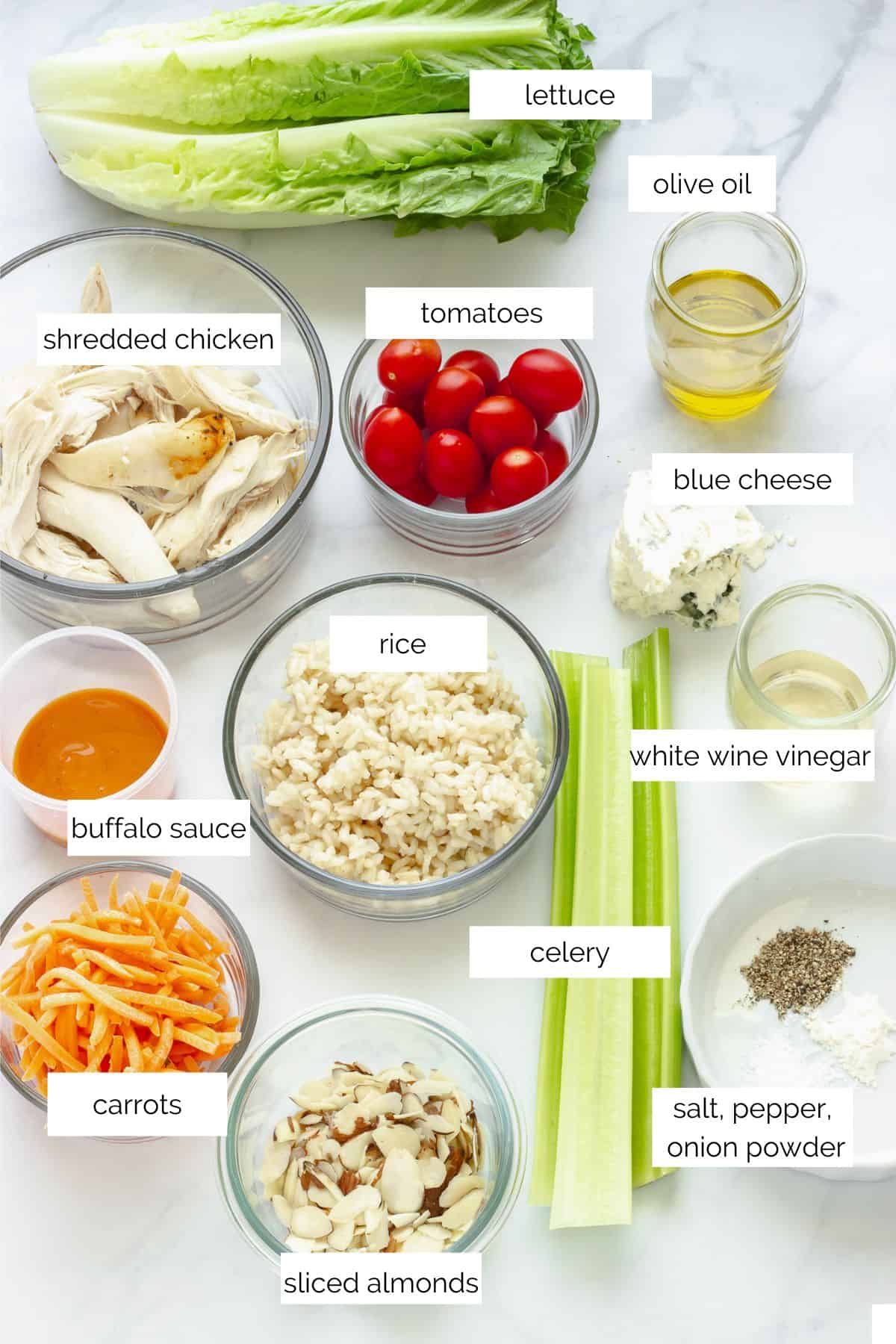Ingredients for Buffalo chicken and rice bowls.