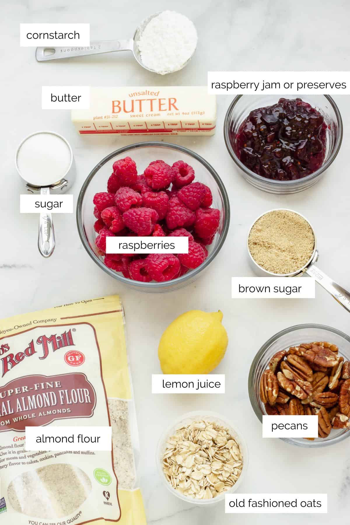Ingredients to make raspberry oatmeal bars.