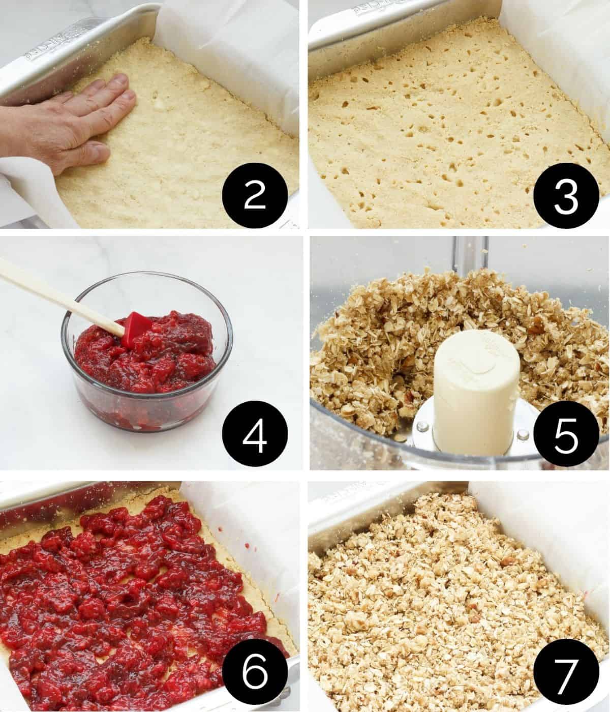 Steps 2-7 to make raspberry oatmeal bars. 