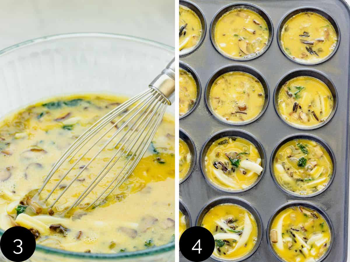 Left: a whisk in a bowl of raw eggs and vegetables. RIght: a muffin pan with raw eggs and vegetables.