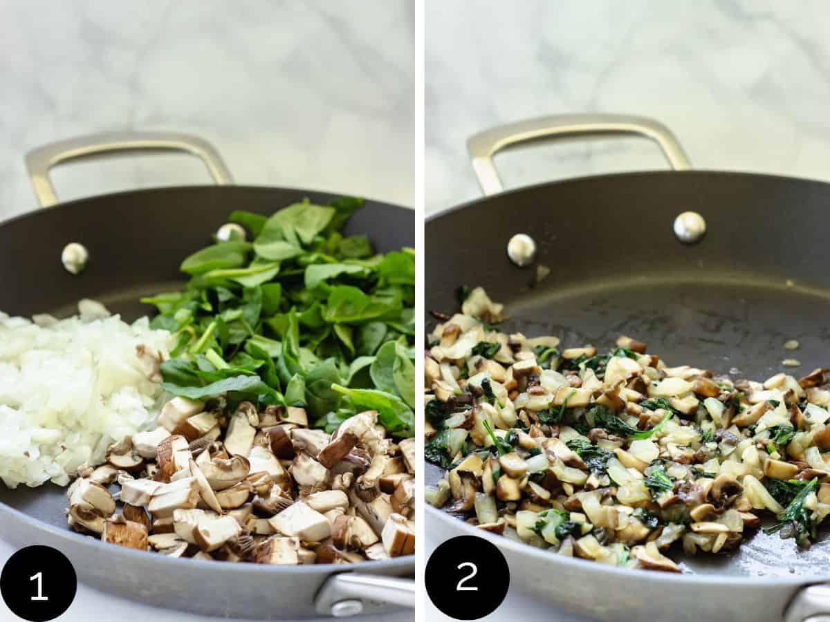 Left: a saute pan with raw chopped onions, mushrooms, and spinach. Right: a saute pan with the cooked vegetables