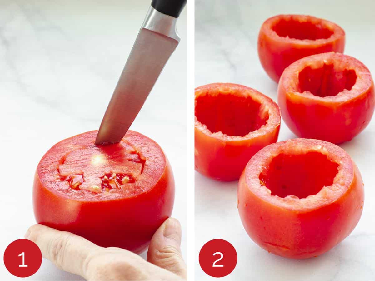2 images showing how to core a tomato to make stuffed tomatoes