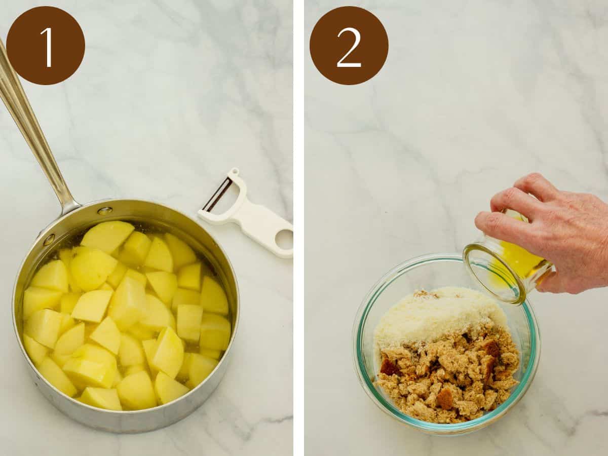 Steps 1 and 2 to make boursin mashed potatoes.