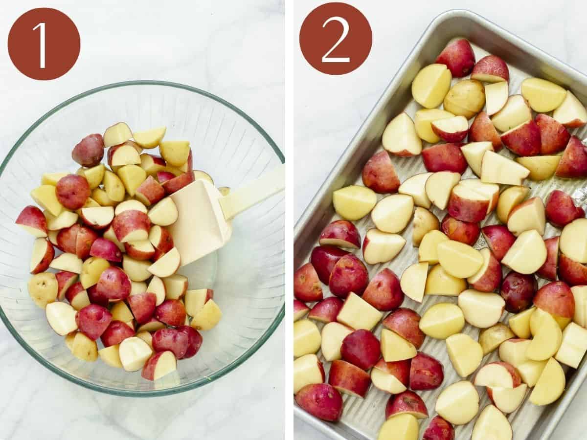 Steps 1,2 to make roasted baby potatoes.