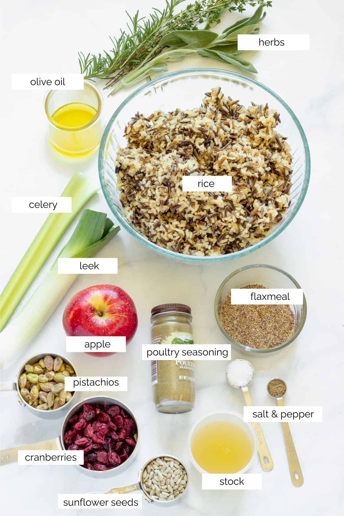 Ingredients needed to make wild rice stuffing.