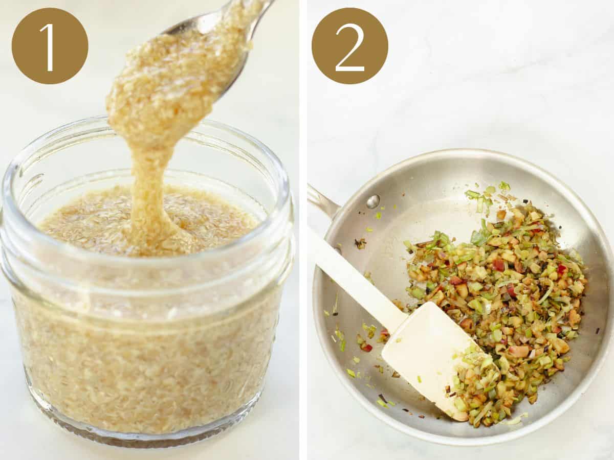 Steps 1 & 2 to make wild rice stuffing.