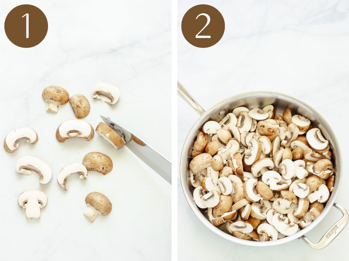 Steps 1 & 2 to make sauteed mushrooms.