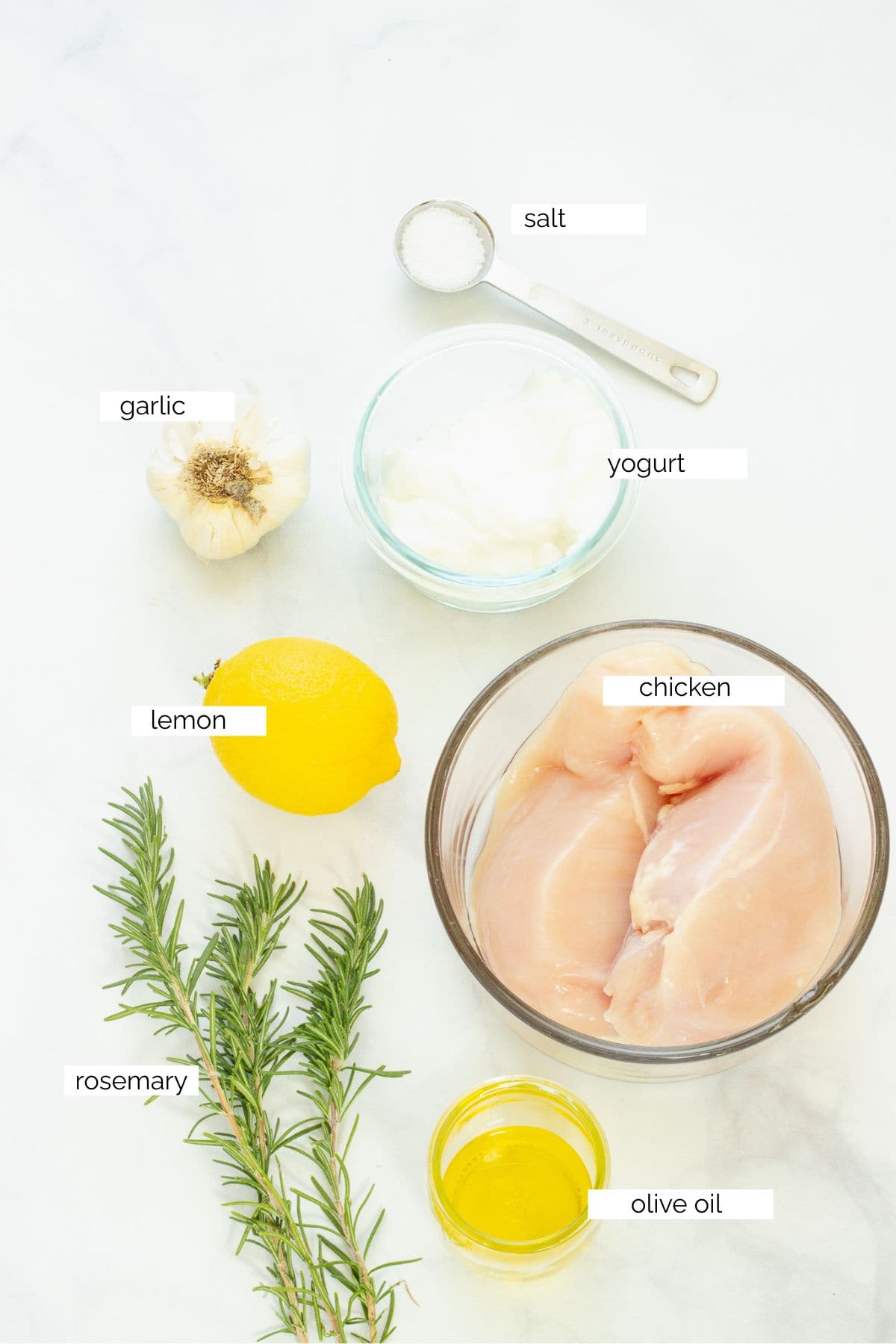 Ingredients needed to make yogurt marinated chicken.