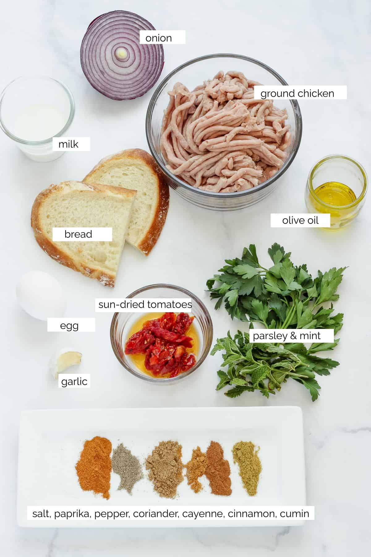 Ingredients needed to make chicken kofta.