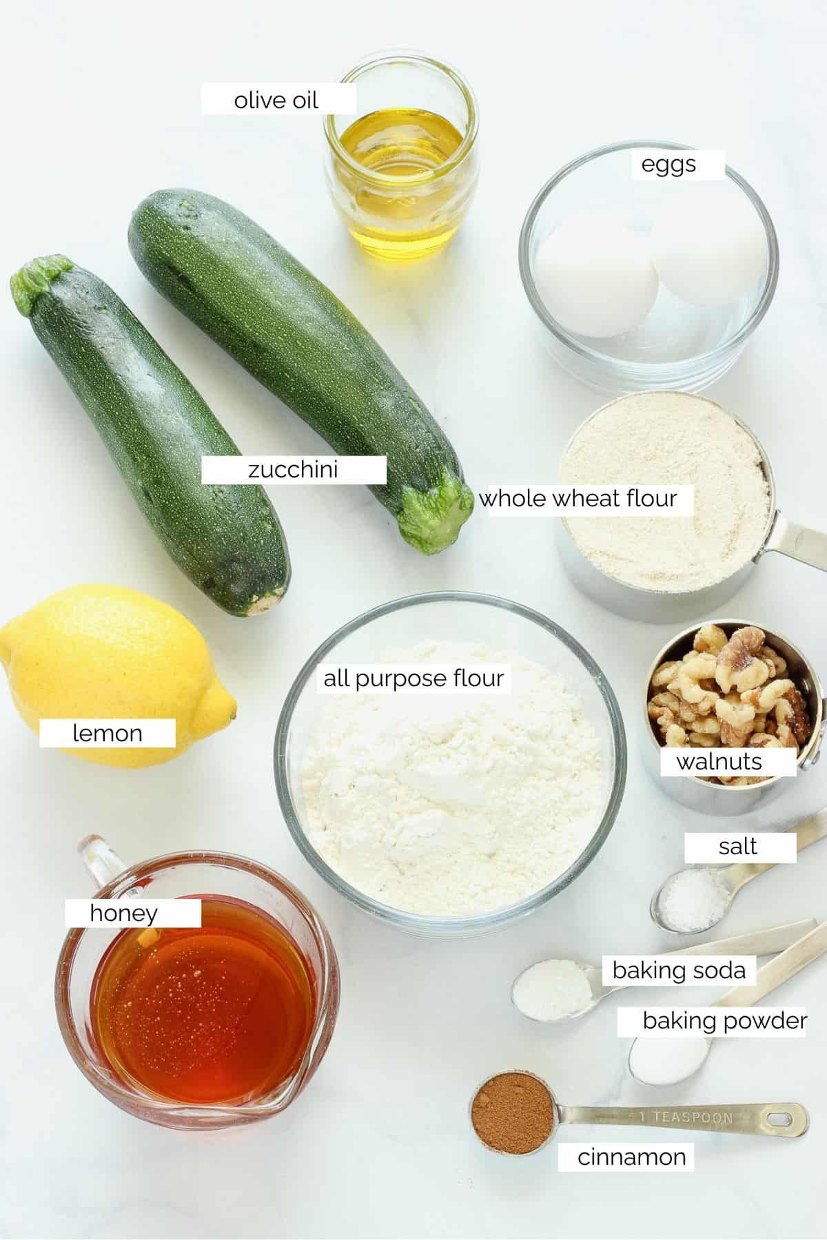 Ingredients needed to make healthy zucchini bread.